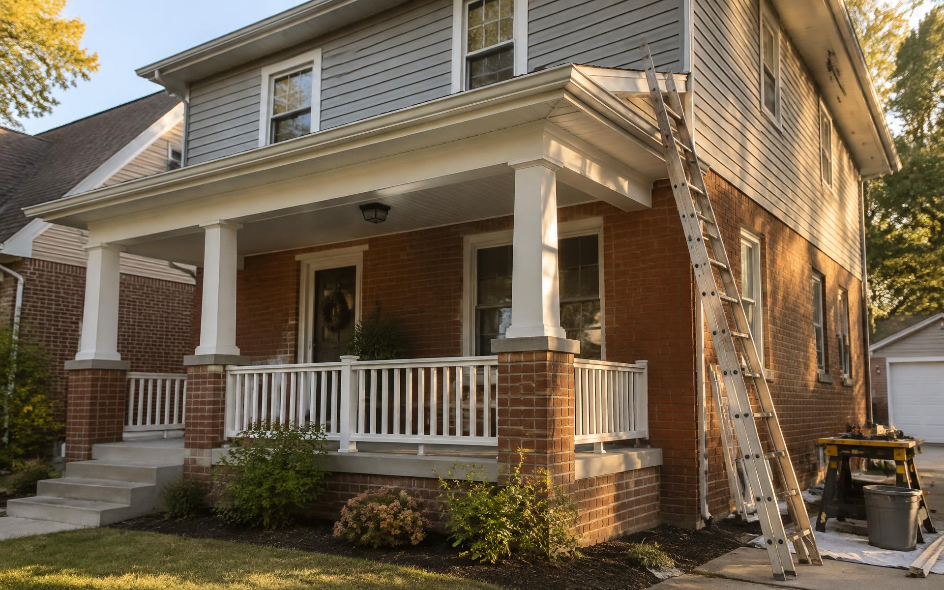 Home with a newly rebuilt covered front porch and fresh white trim