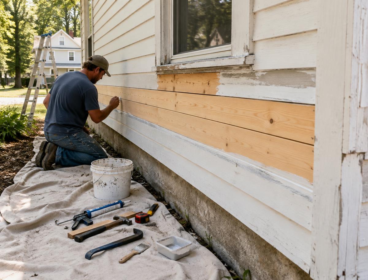 Siding boards being replaced on the side of an older home